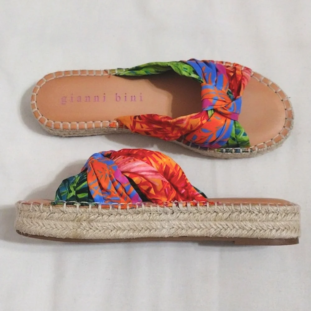 Gianni Bini Tropical Print Knotted Espadrille Platform Slide Sandals US 6 Resort